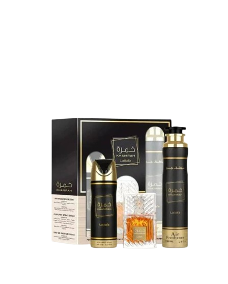 Lattafa Khamrah EDP 100ml + Perfume Pray 200ml + Ambientador 300ml